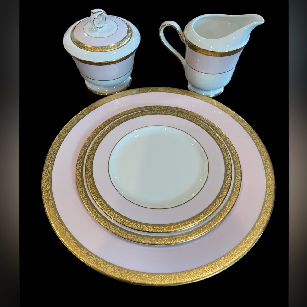 6pc Mary Kay Dinner Set - 40th Year Mary Kay Gold, Barbie Pink, and White.